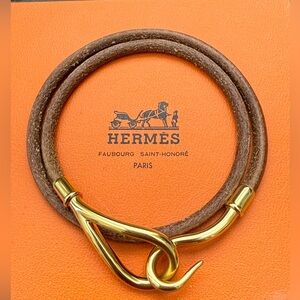 HERMÉS Jumbo Hook Gold Tone Double Tour Brown Leather Bracelet/Choker